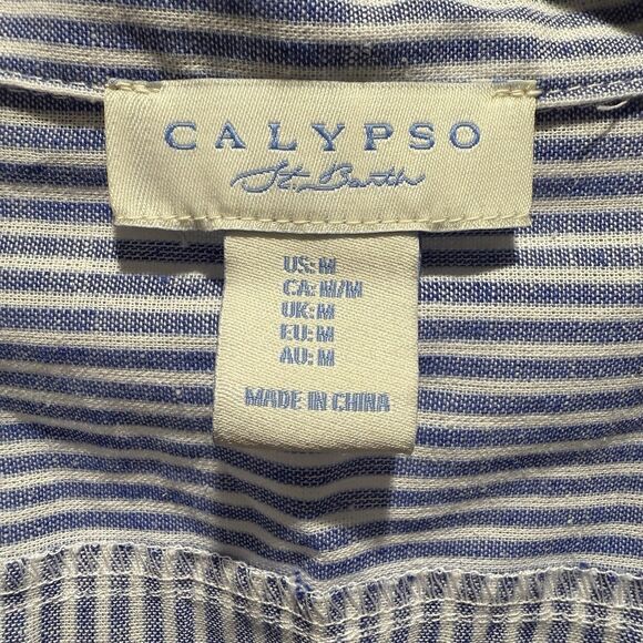 Calypso St Barth Medium Linen Smocked Top White Blue Beachy Nautical Preppy - Picture 4 of 14